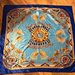 Blue and Gold Ornate Silk-Style Scarf